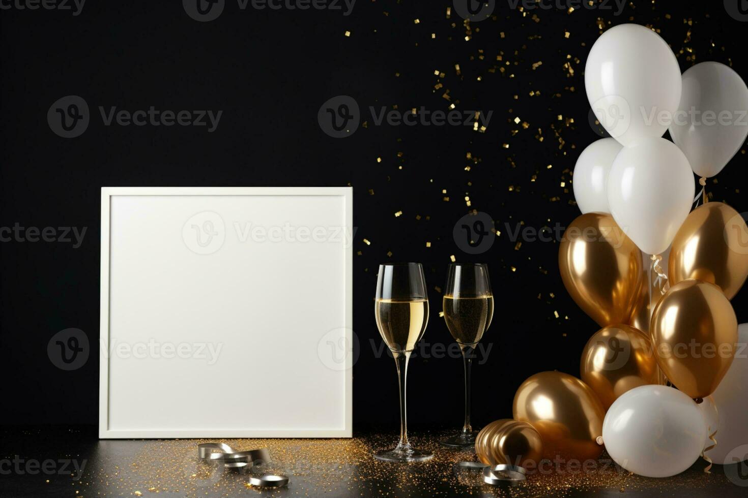 AI Generated Golden Frame Design with golden balloons photo