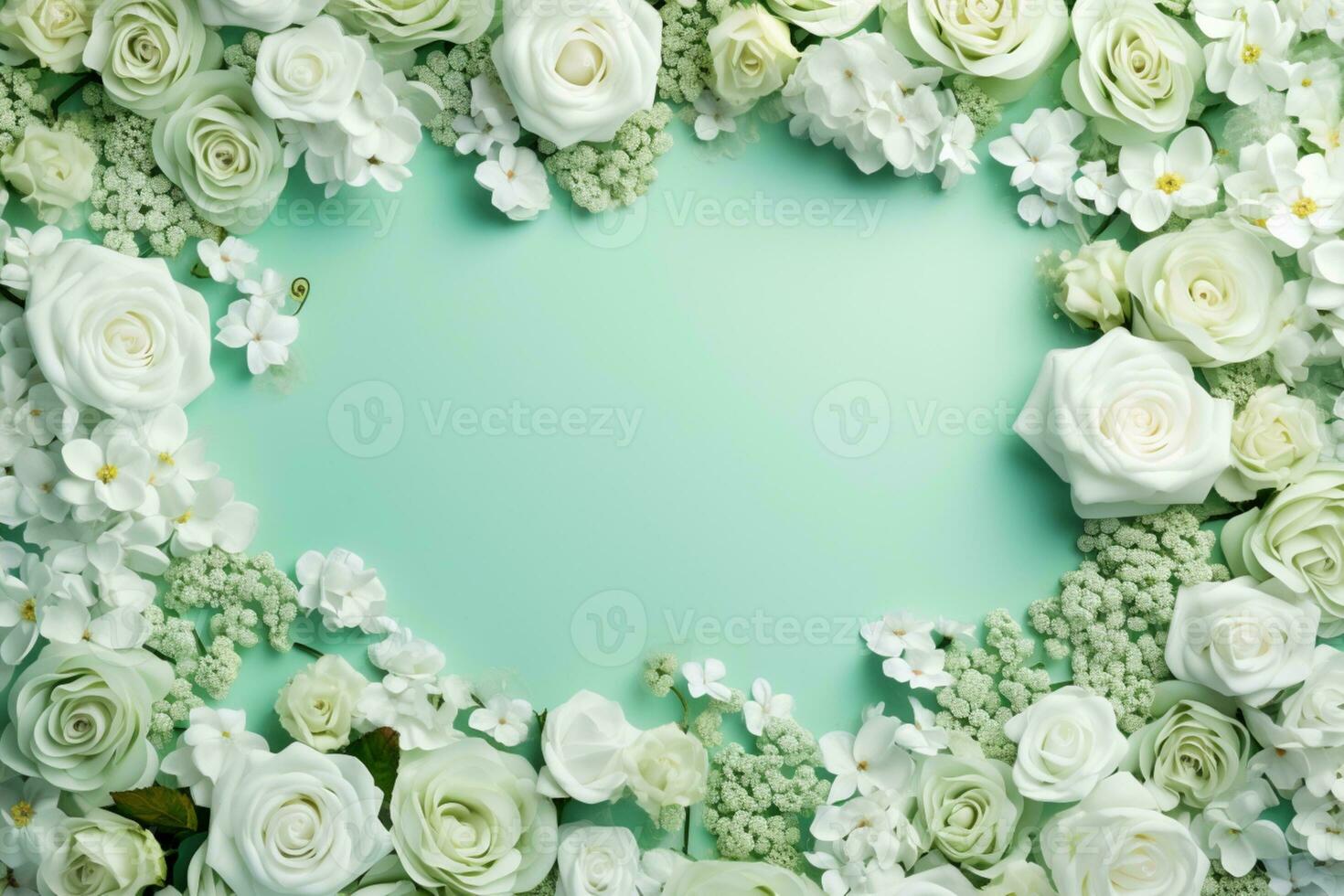 AI Generated white flower frame on green with copy space photo