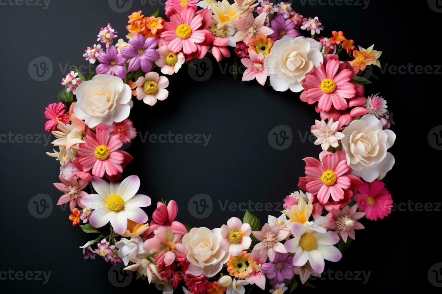 AI Generated flower wreath on white black copy space photo