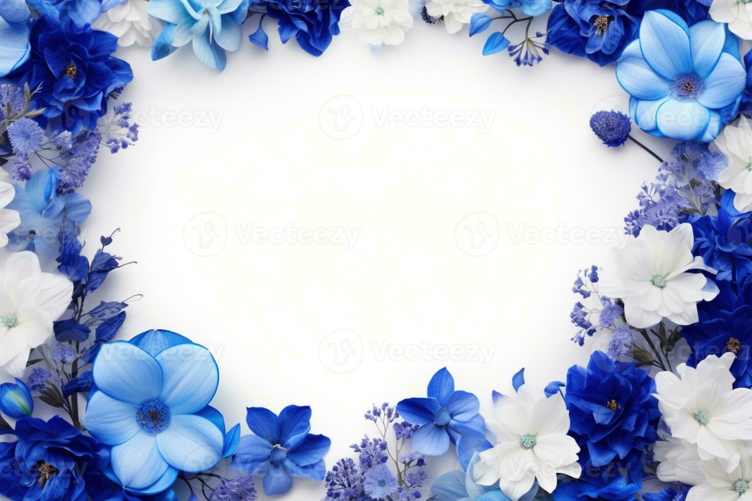 AI Generated blue flowers on white with copy space photo