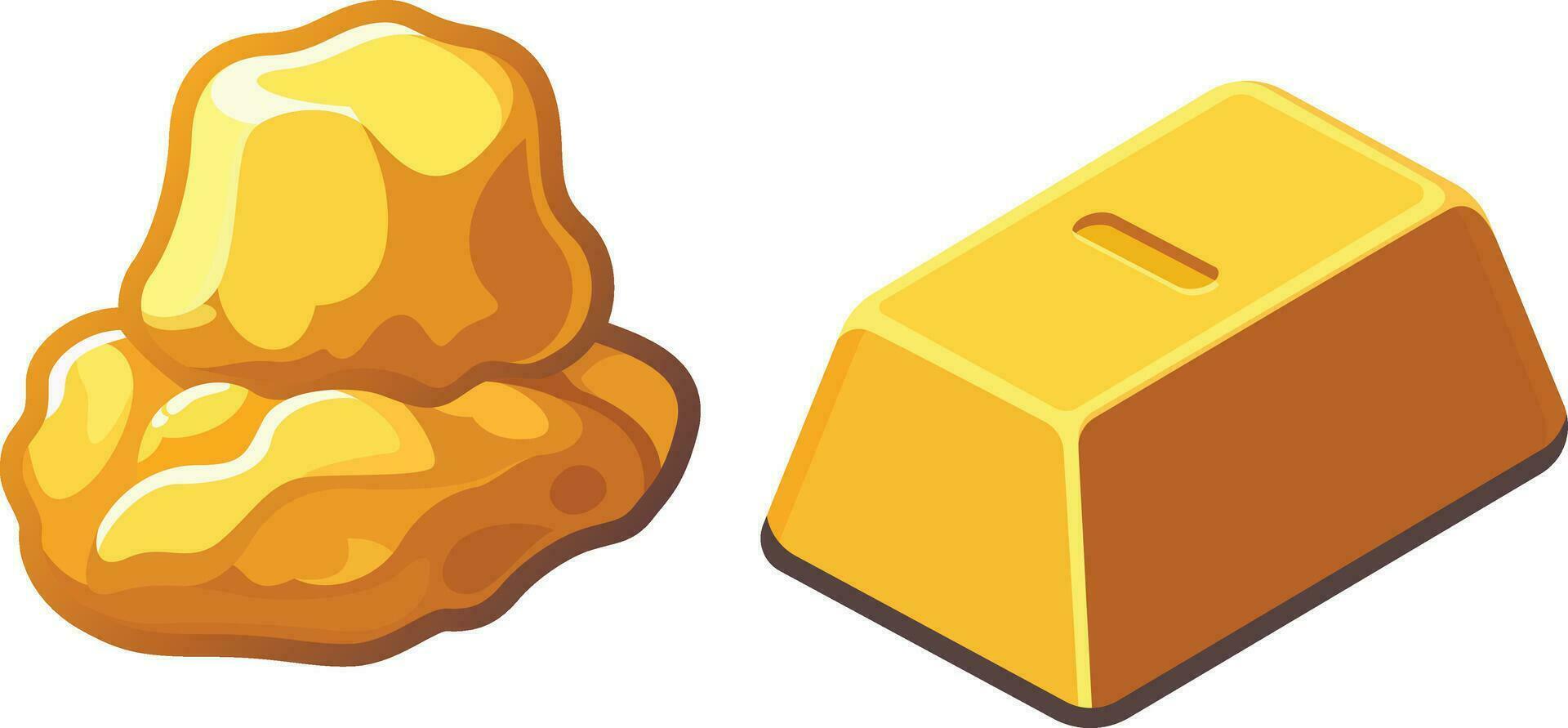 Glistening gold nugget and a solid gold bar vector illustration, Shining and sparkling yellow gold bar and piece of gold stock vector image