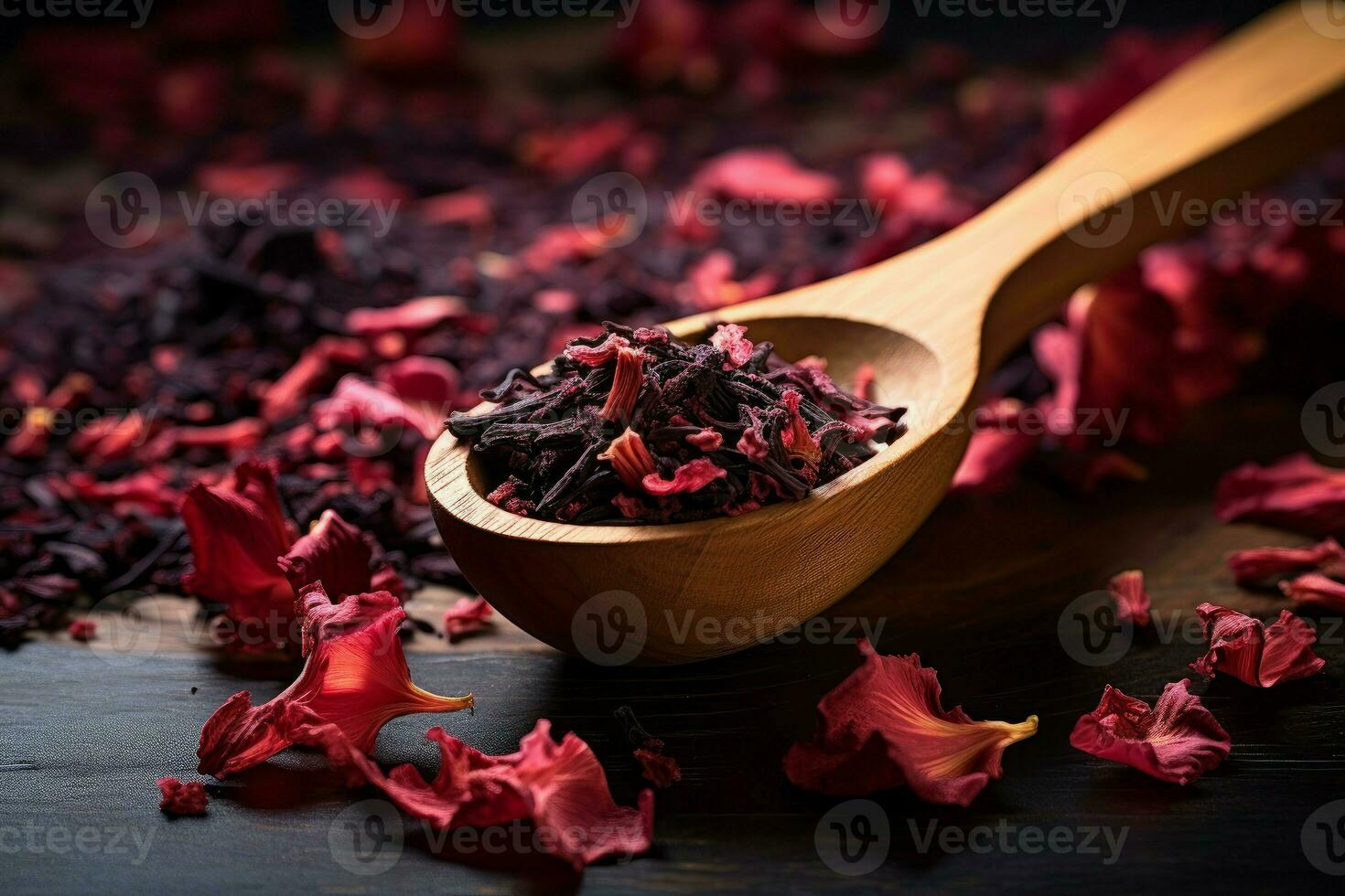 Wooden spoon with dry hibiscus tea on table. Generate Ai photo