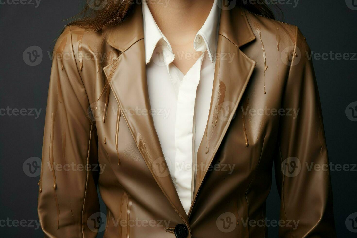 Woman showing stain of coffee her new jacket. Generate Ai photo