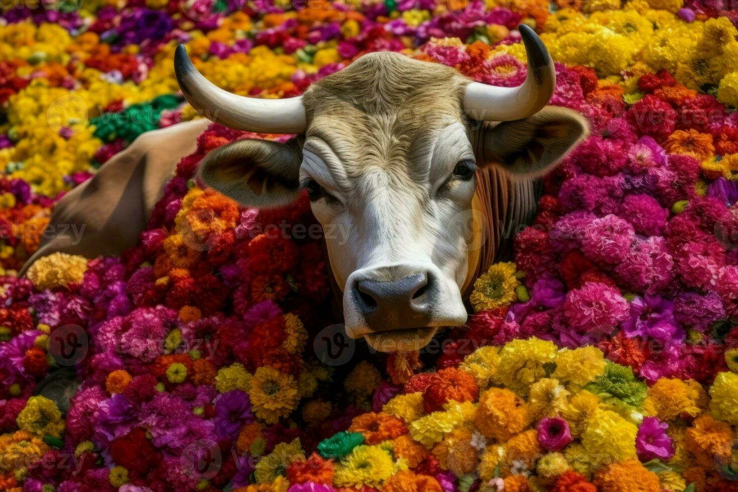 Bull flowers colorful sitting. Generate Ai photo