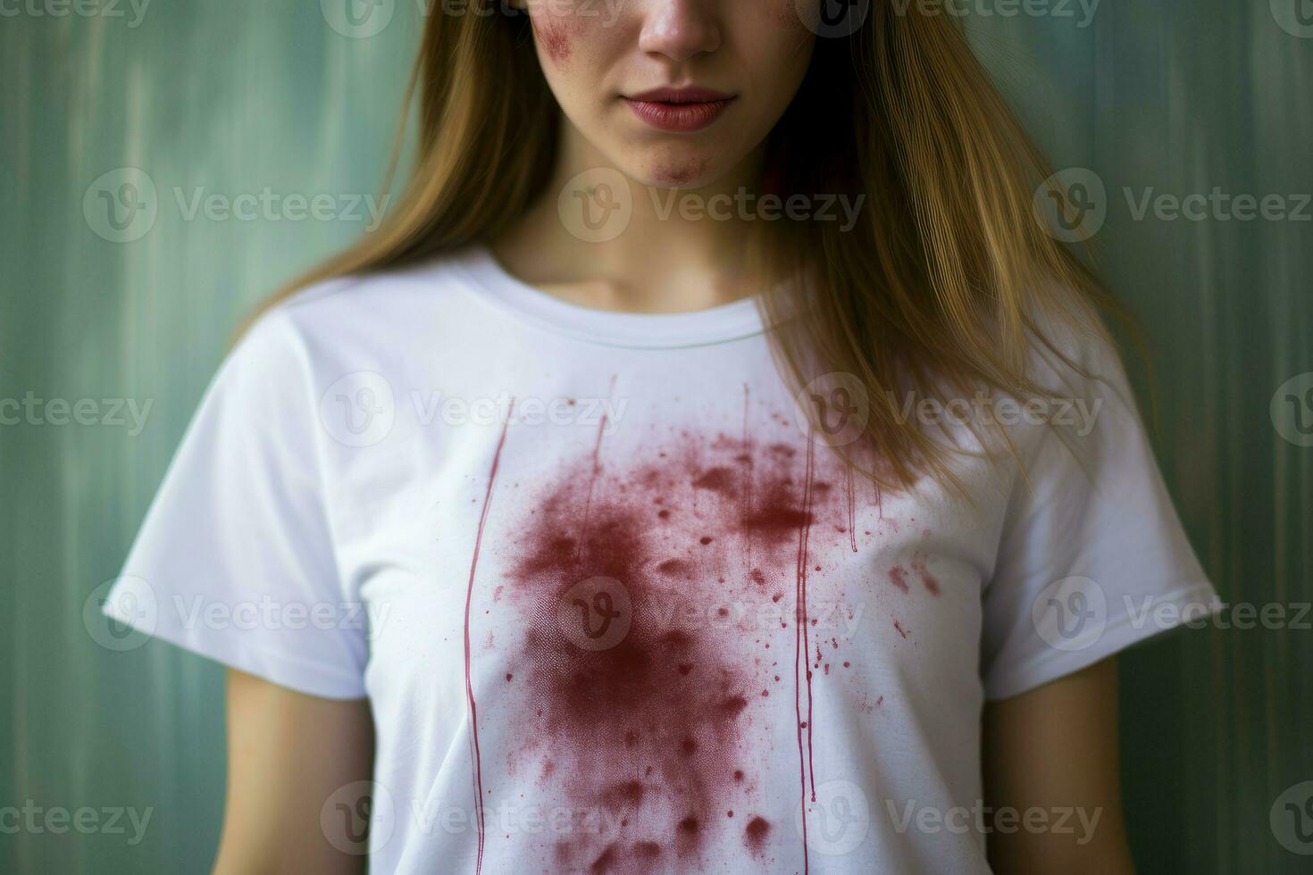 Woman showing red stain on her new fashion tshirt. Generate Ai photo