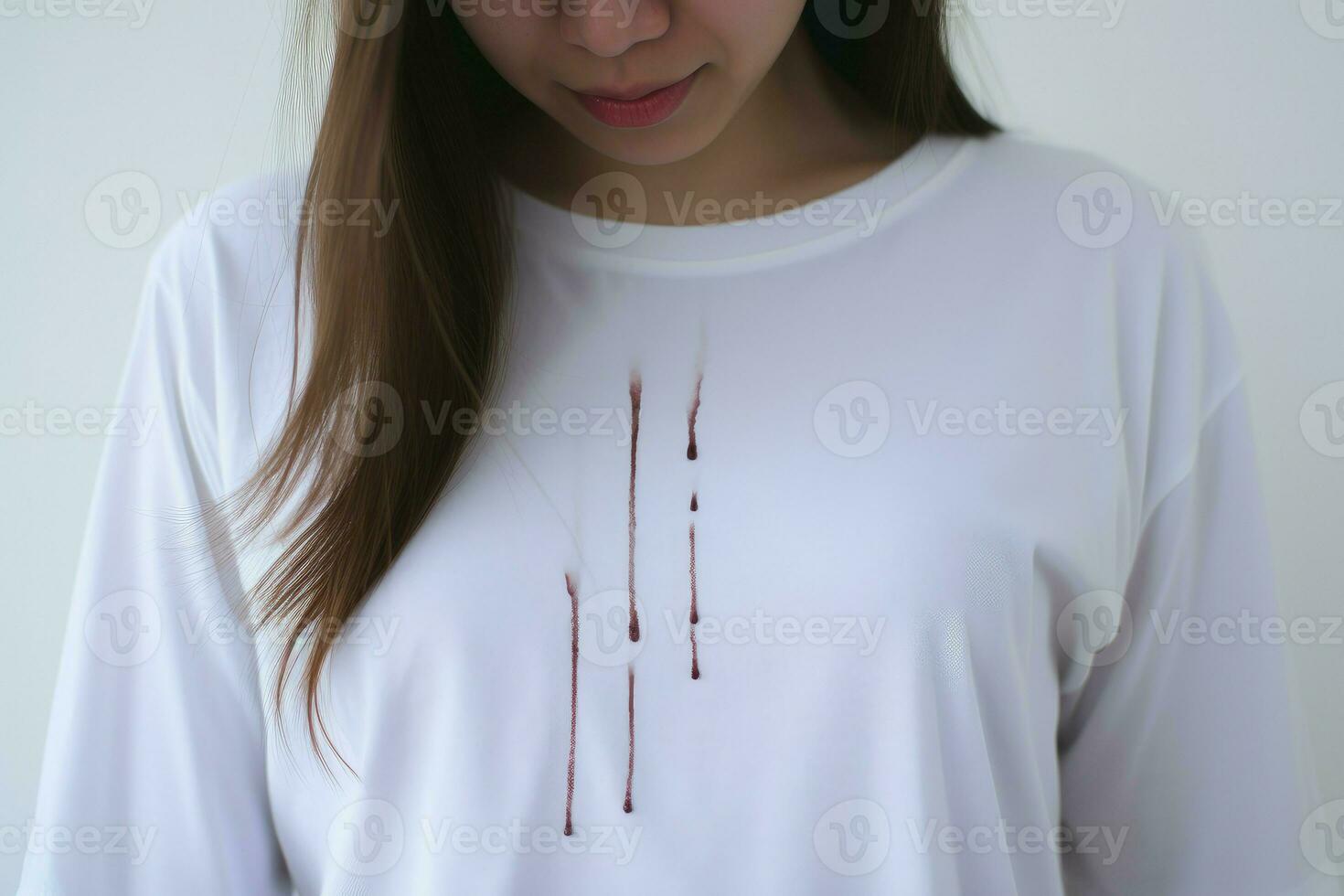 Woman showing stain from sauce on her shirt material. Generate Ai photo
