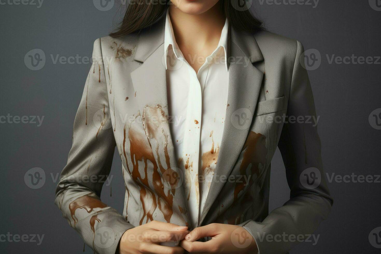 Woman showing stain of coffee her jacket spill. Generate Ai photo