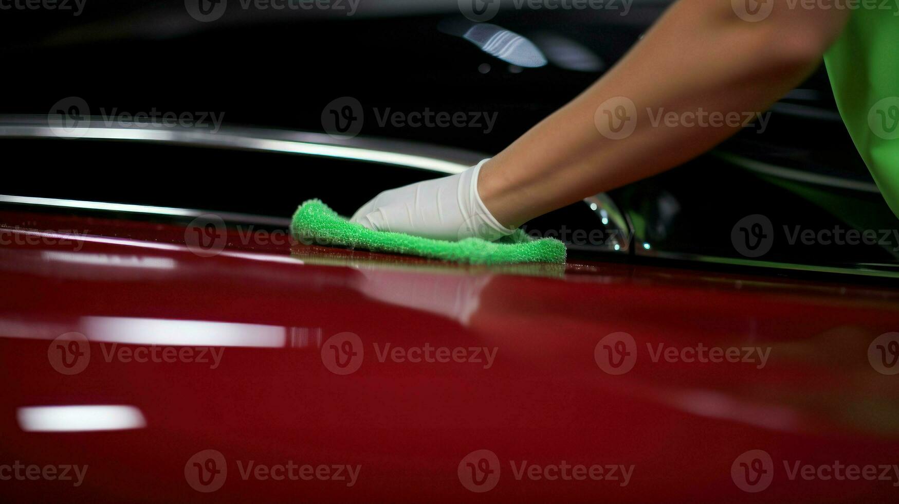 Close-up of a car getting cleaned with foam and brush.. Generative AI photo