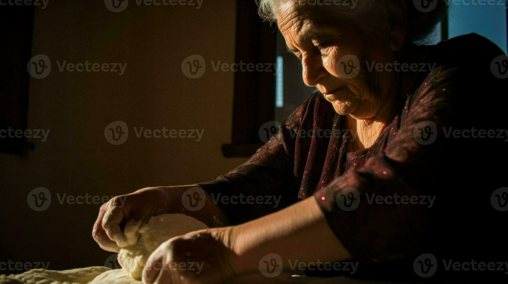Elderly woman kneading dough in a warm kitchen setting.. Generative AI photo