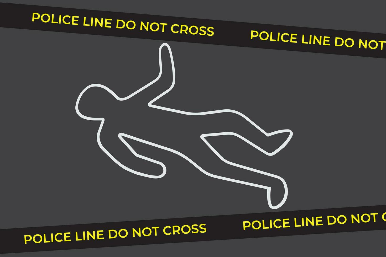 classic crime scene with white outline body. concept of boundary of dead man or woman and yellow tape like border of the incident. flat linear style modern graphic art design vector