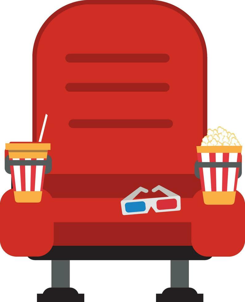 Cinema seats in a cinema with popcorn, drinks and glasses. Cinema seats illustration. Isolated objects vector