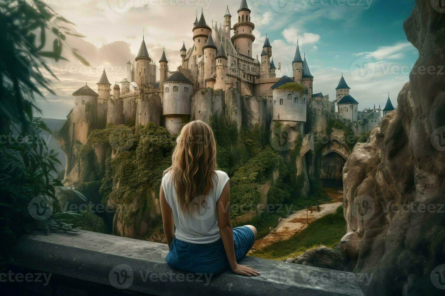 Girl dream castle looking. Generate Ai photo