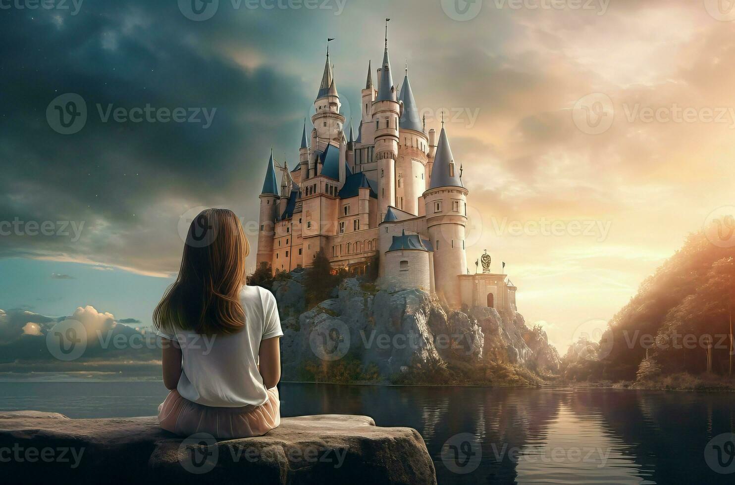 Girl dream castle looking at sunset. Generate Ai photo