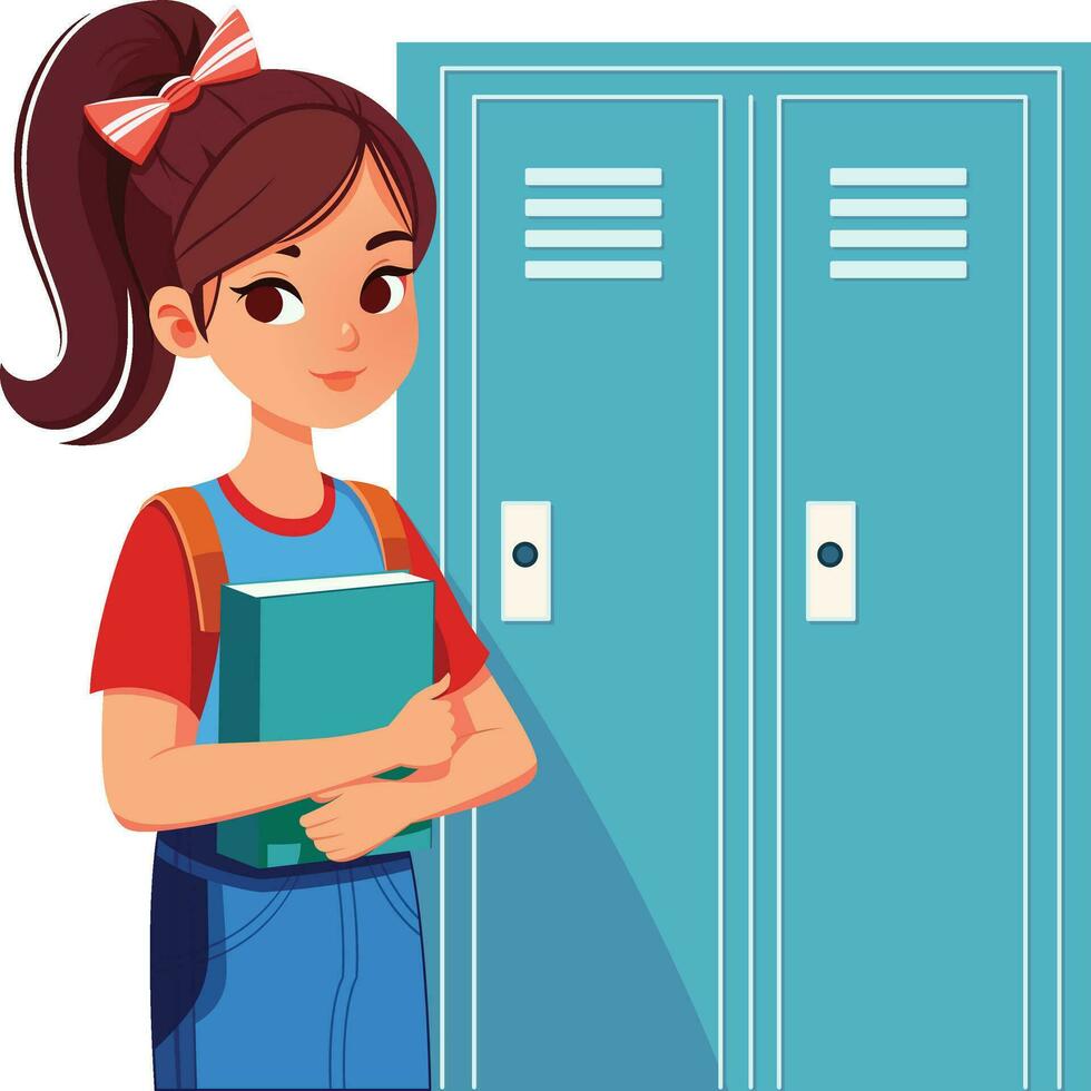 Girl student character holding onto textbooks in a school locker background in flat vector style, Teen girl student standing next to school lockers or cupboard or storage stock vector image