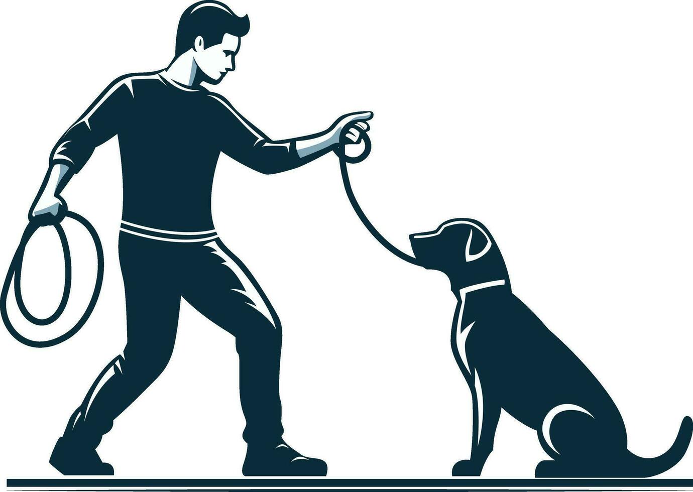 Dog trainer in action, confidently instructing a well behaved dog silhouette simple style vector illustration, Dog trainer training a dog with a long leash stock vector image