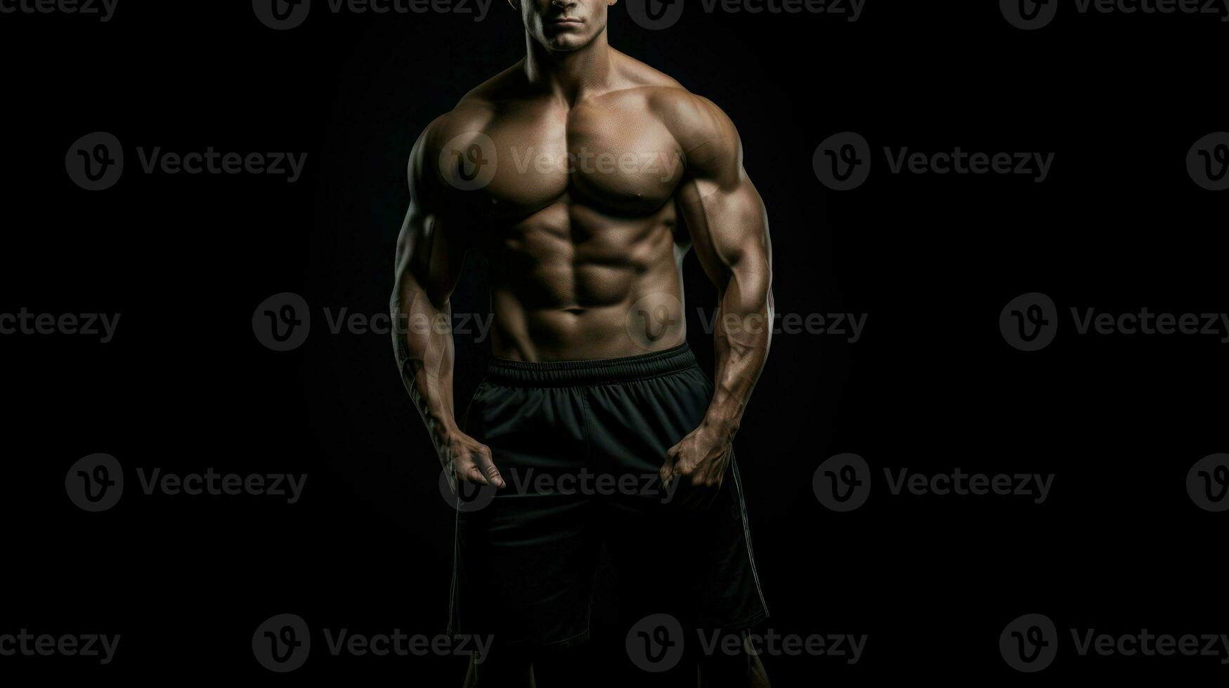 Muscular man posing in front of black background. Generative AI photo