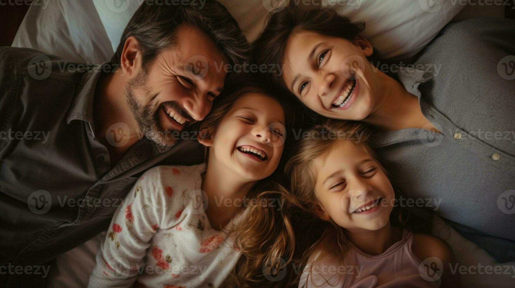 Top shot happy family lying on the bed. Generative AI photo