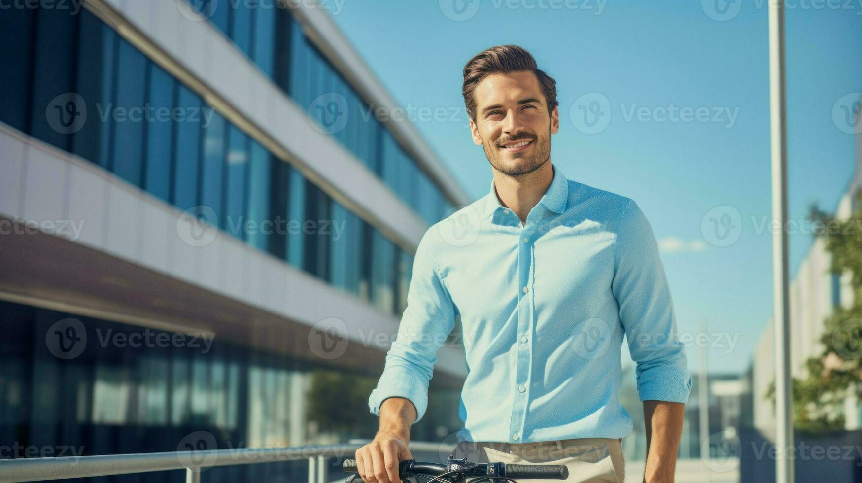 Young businessman riding his bicycle to work. Generative AI photo