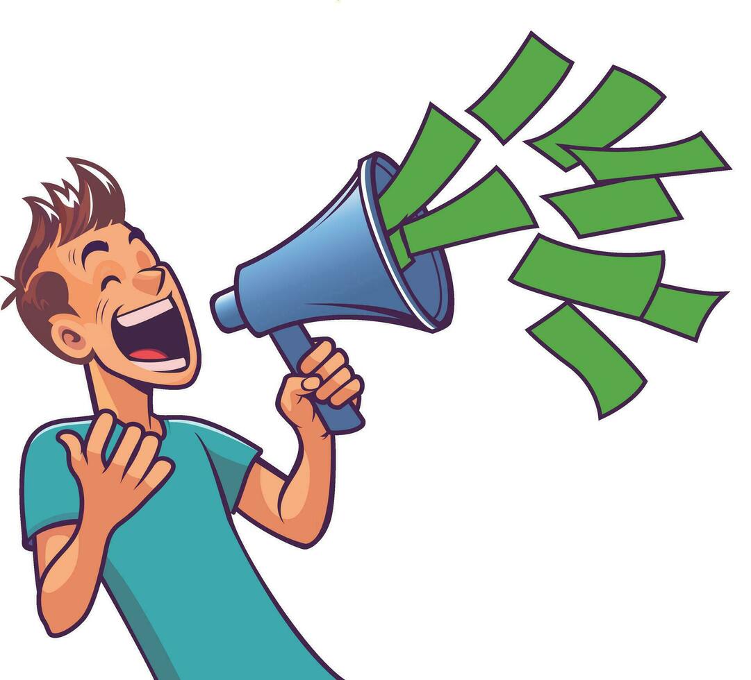 Profitable and animated conversation stock vector image, salesman screaming through a megaphone, speaking trumpet, bullhorn, blowhorn, or loudhailer stock vector image