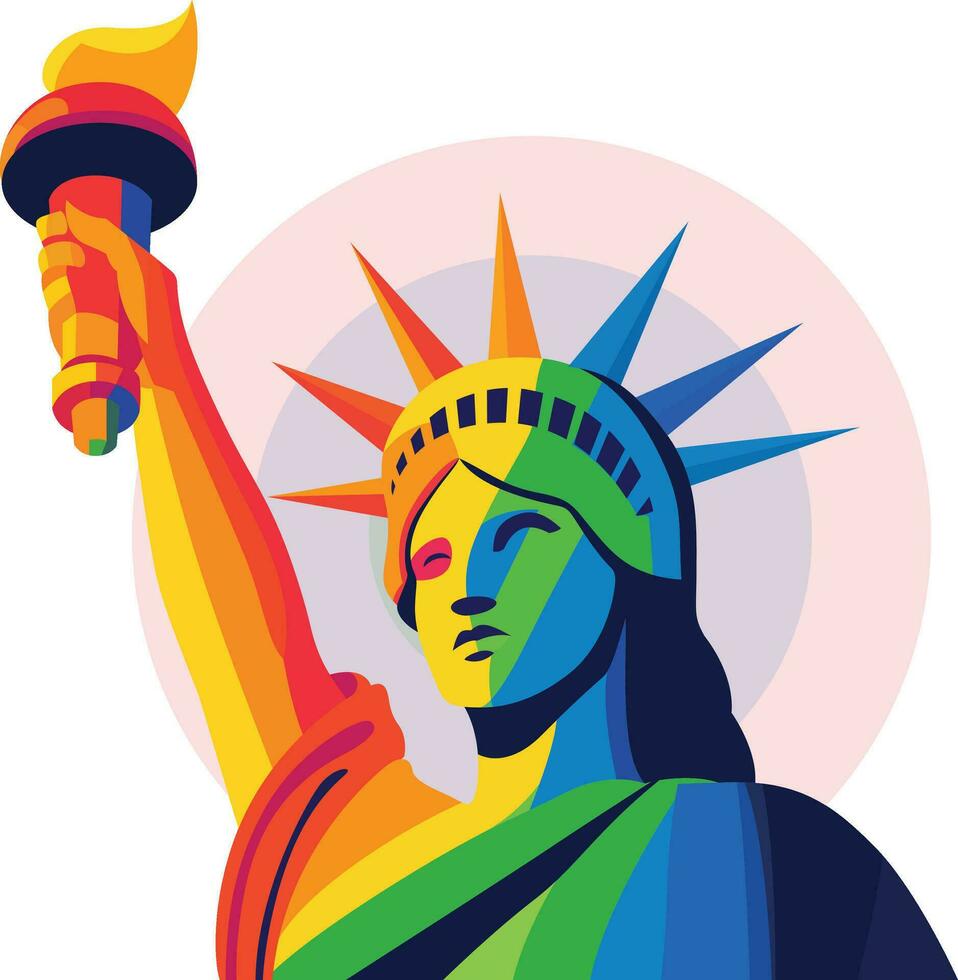 lgbtq temática estatua de libertad vector ilustración, estatua de libertad en lgbtq arco iris colores valores vector imagen