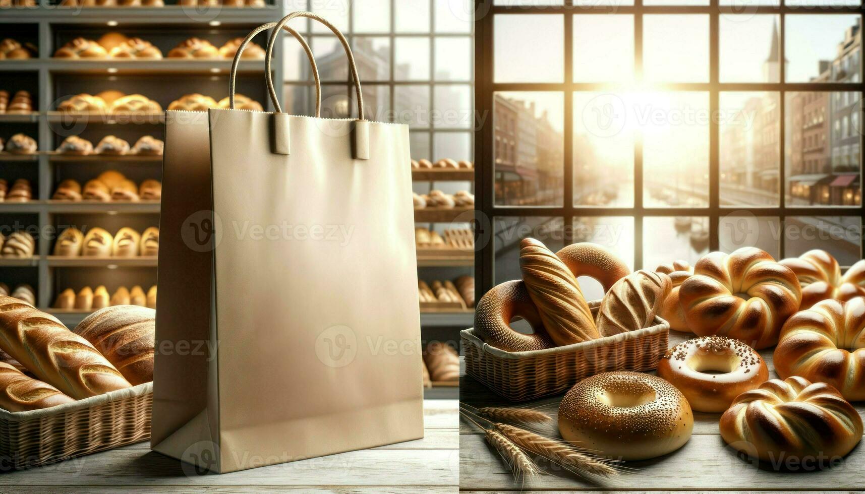 Mañana Dom golpes un panadería comercio, vacío Kraft compras bolso en el primer plano. generativo ai foto