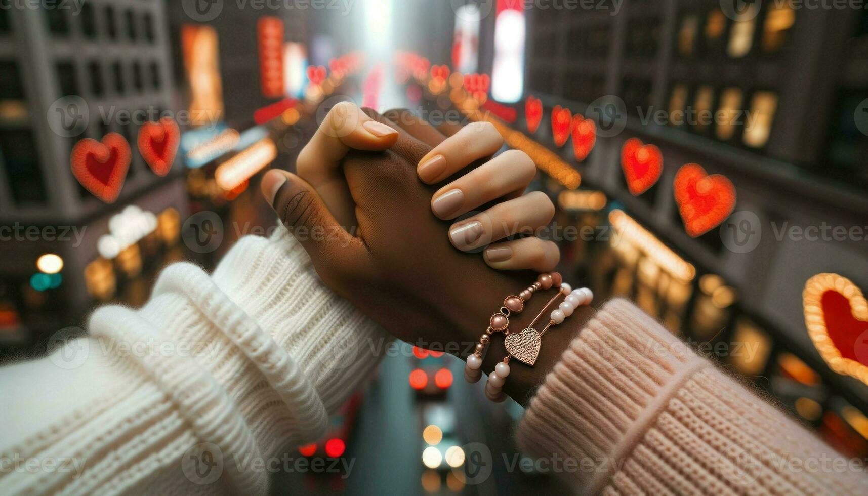 Close-up image of two hands intertwined, showcasing diverse skin tones.. Generative AI photo