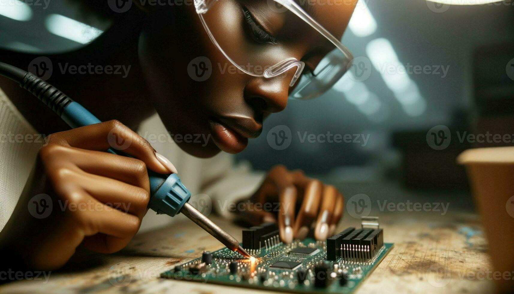 close-up of a woman with dark skin, wearing safety goggles, meticulously soldering a circuit board in a well-lit workspace.. Generative AI photo