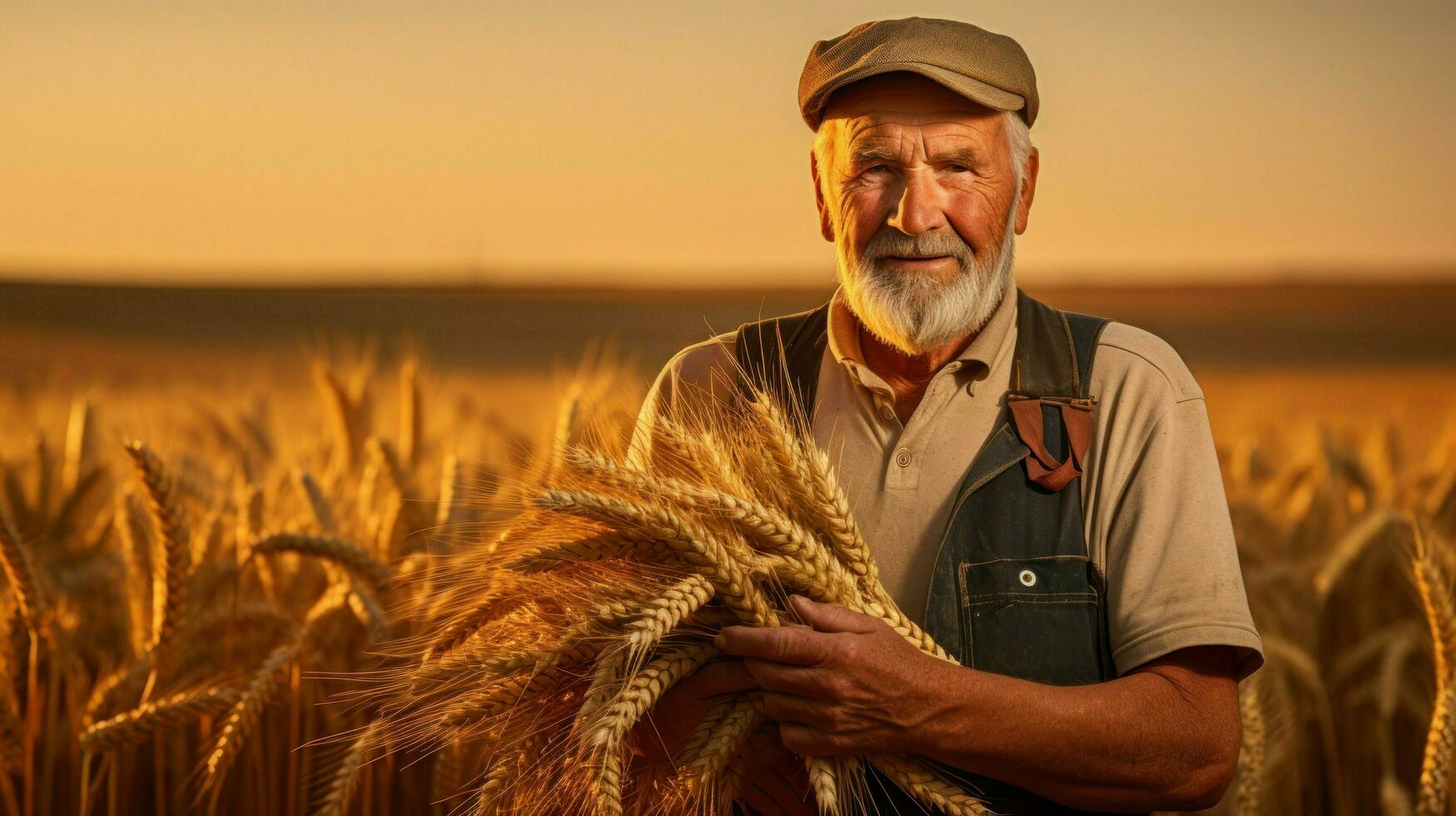 Old farmer standing in his field and holding wheat in his hands. Generative AI photo