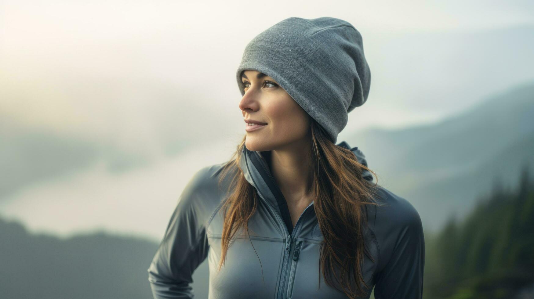 A contemplative woman breathing in the fresh mountain air. A majestic mountain range with morning mist.. Generative AI photo