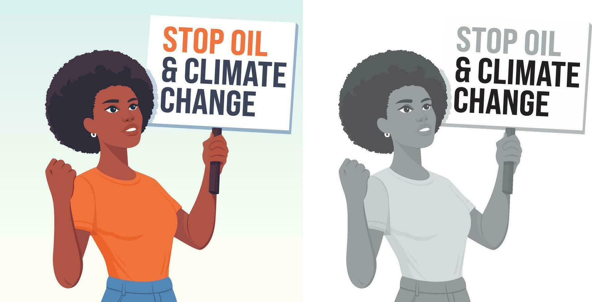 Young female climate change protester holding a sign flat style vector illustration, Young black female with an afro holding a sign stock vector image