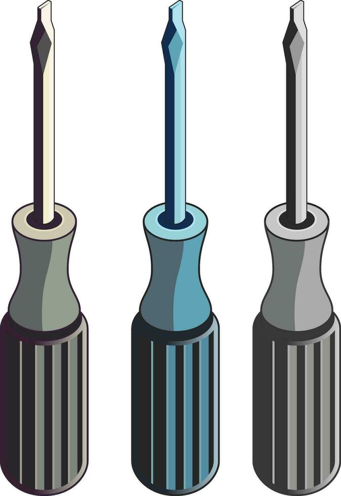 Sleek screwdriver in different colors vector illustration, cartoon style flat head screwdriver stock vector image