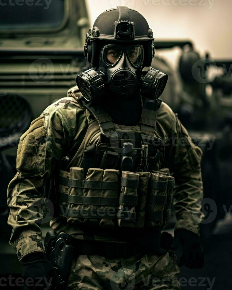 An armed soldier wearing a gas mask. Generative AI photo