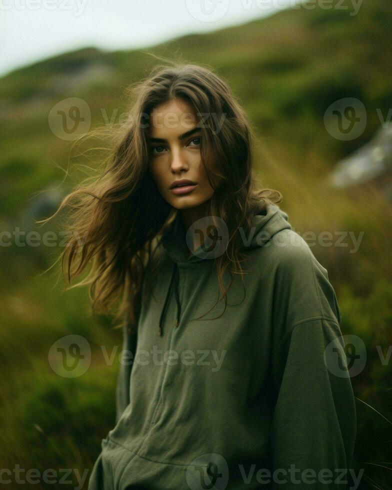 Elegantly dressed woman against a scenic hill backdrop. Generative AI photo