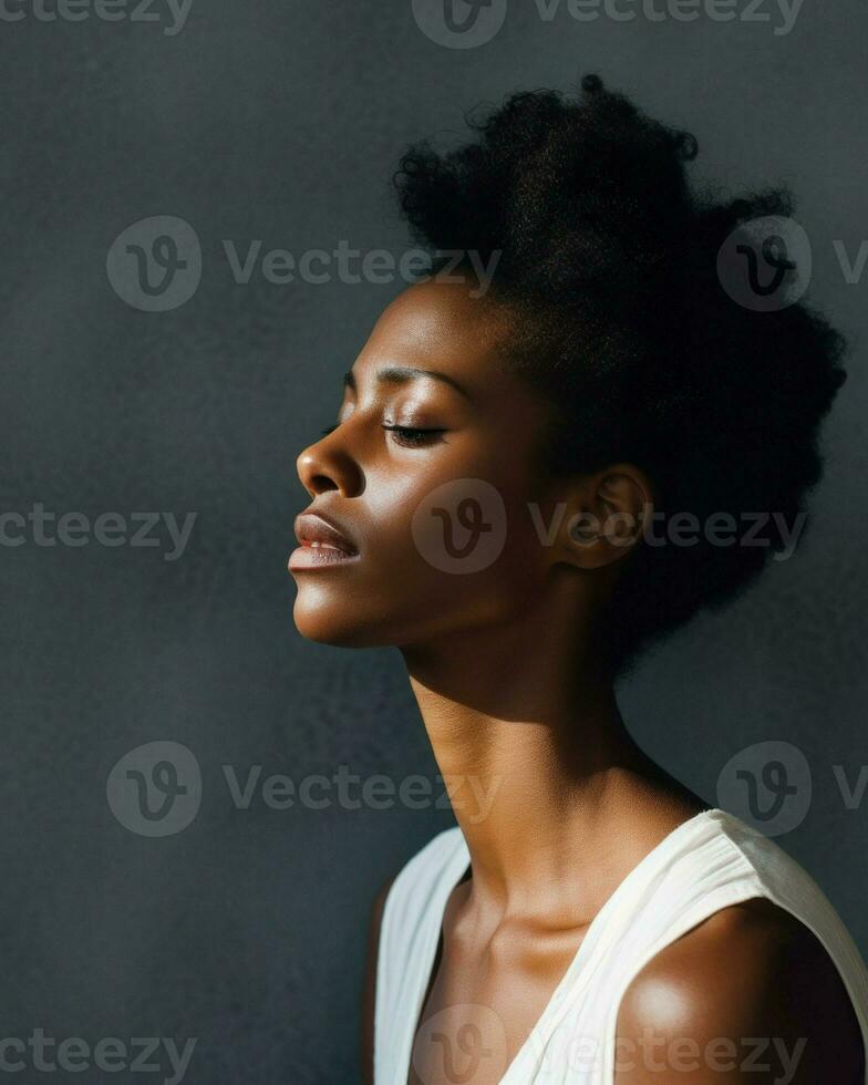 A visually appealing African woman, gracefully closing her eyes and gazing upwards.. Generative AI photo