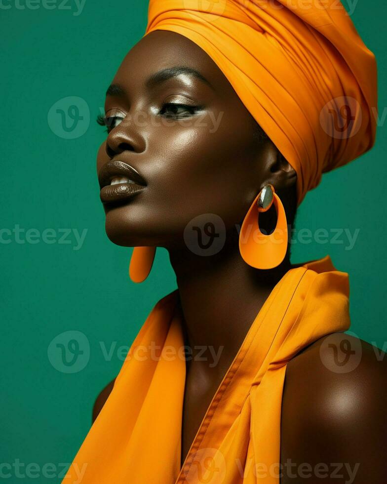 maravilloso africano mujer adornado con un turbante y pendientes.. generativo ai foto