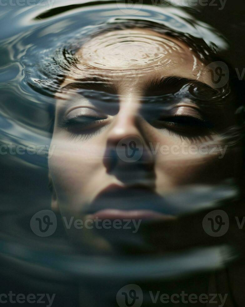 Minimalistic photography captures the peacefulness of a woman submerged in water with her eyes closed.. Generative AI photo
