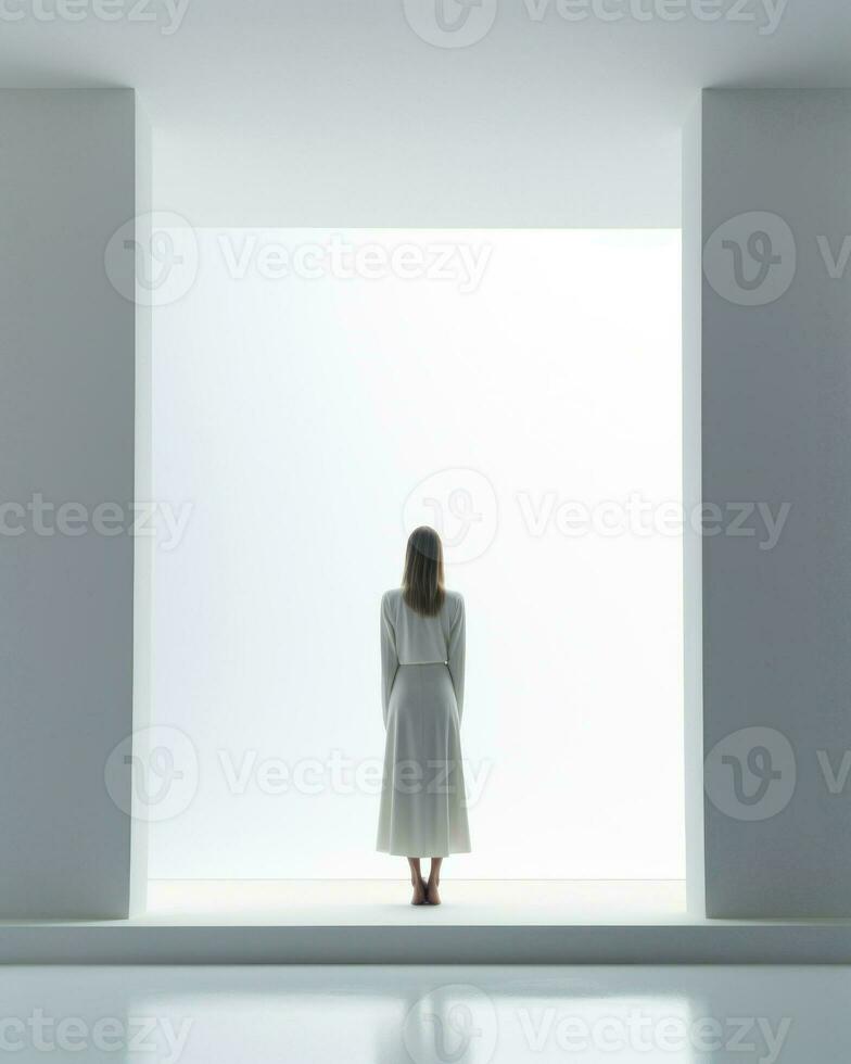 Serene solitude amidst radiant illumination, a woman gracefully poised in an empty chamber.. Generative AI photo