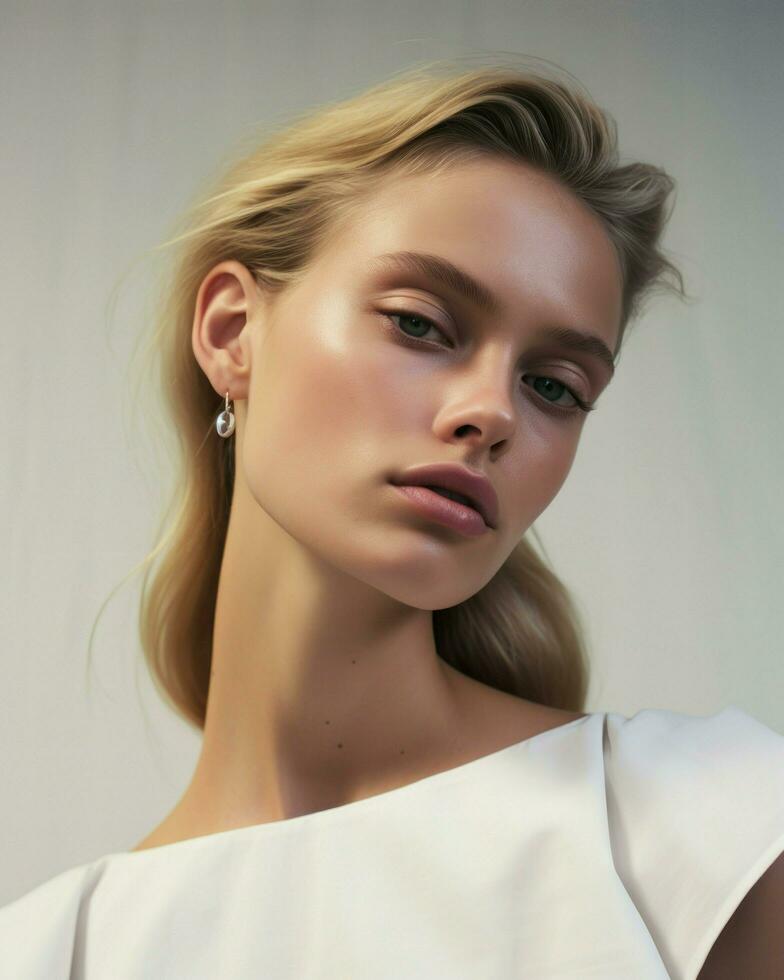 A vision of simplicity and grace, a woman wears a white sweater, epitomizing effortless style.. Generative AI photo