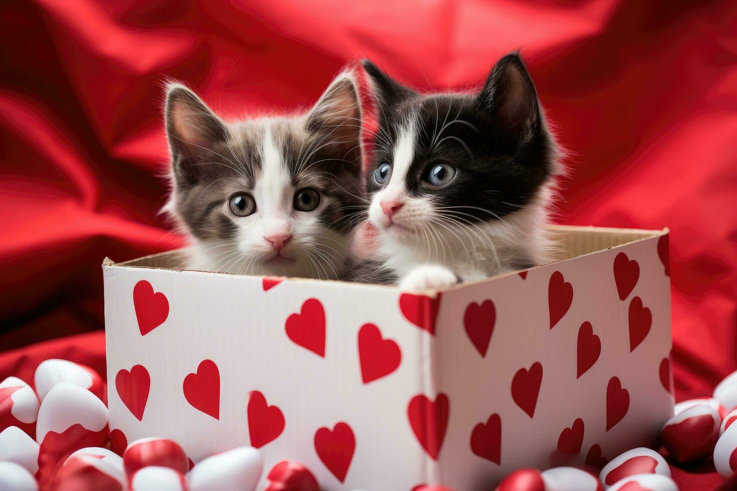 Two kittens in a gift box with hearts on a red background, Two black and white kittens in a cardboard box with red hearts, AI Generated photo