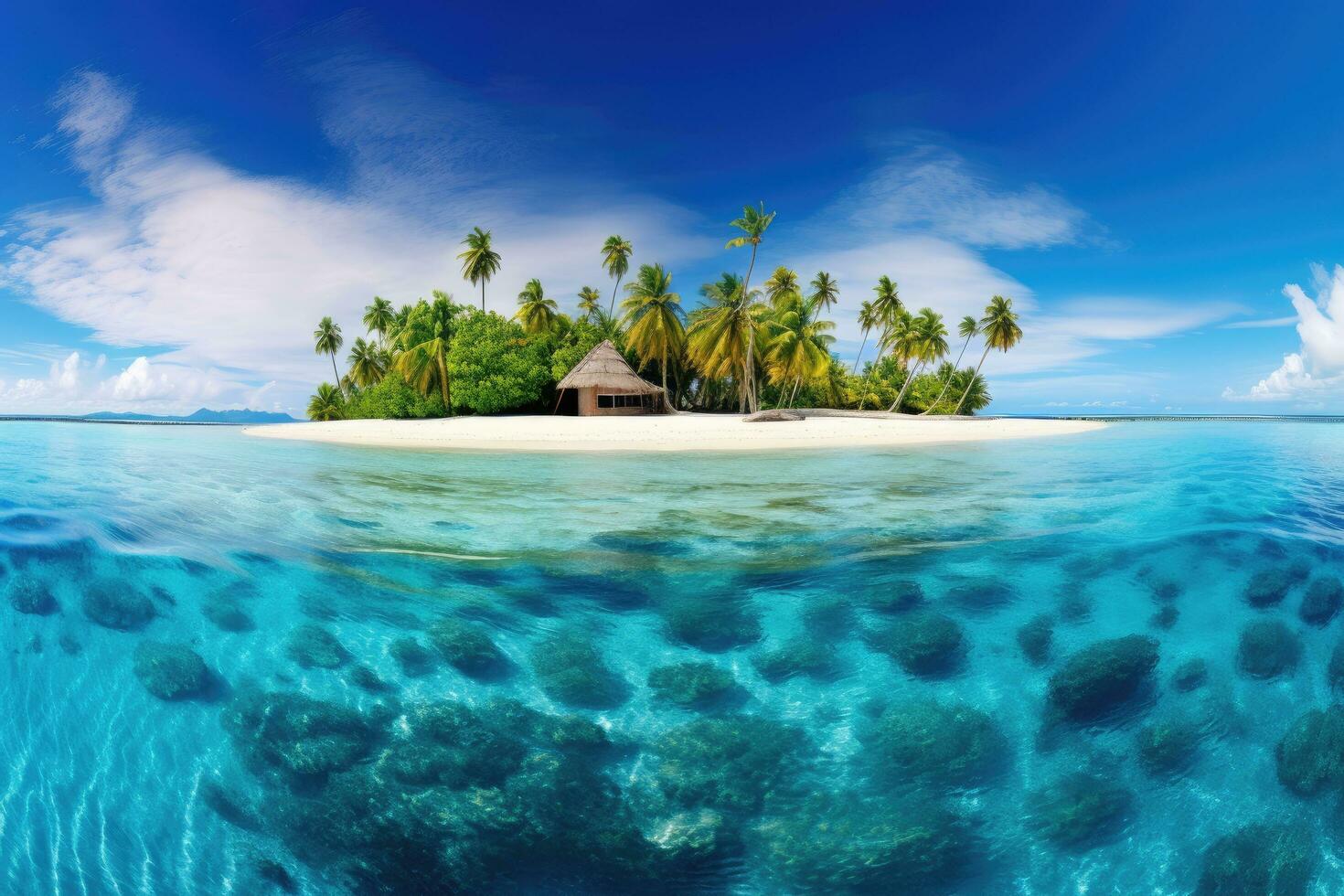 Tropical island in Maldives at summer time. 3D rendering, Tropical island in Maldives at summer time. Panorama, AI Generated photo