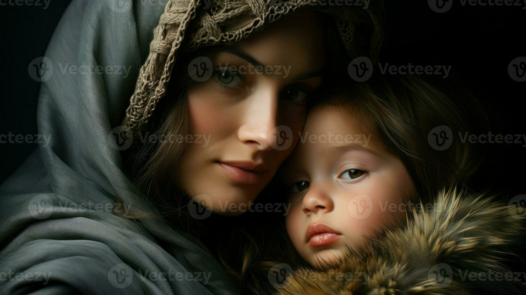 un madre y su bebé envuelto en un pacífico abarcar.. generativo ai foto