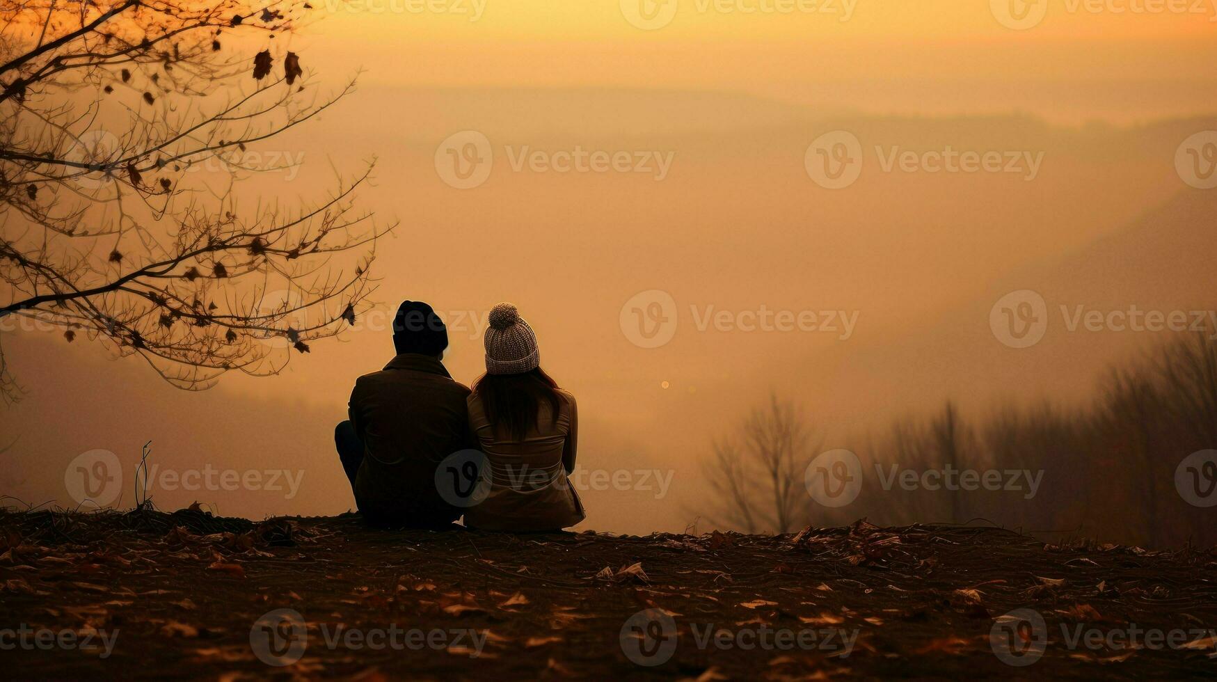 A couple watching the view from the edge of the cliff in foggy weather. Generative AI photo