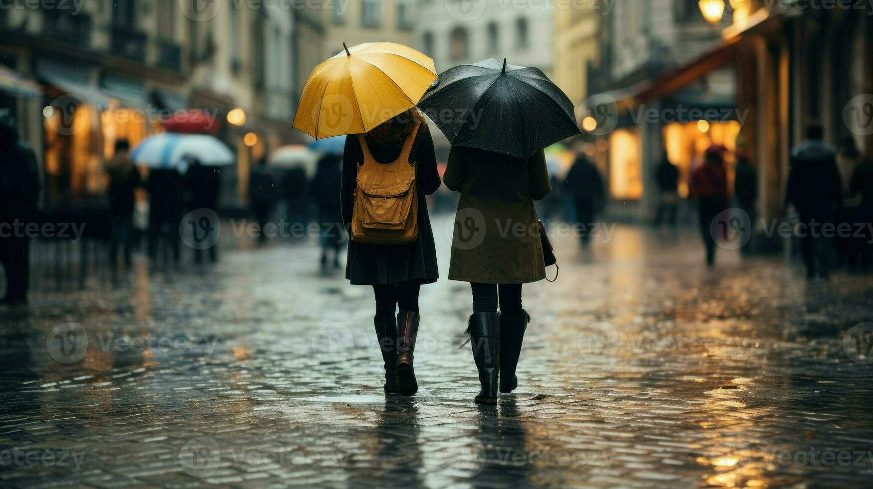 amigos caminando con paraguas en lluvioso clima. generativo ai foto