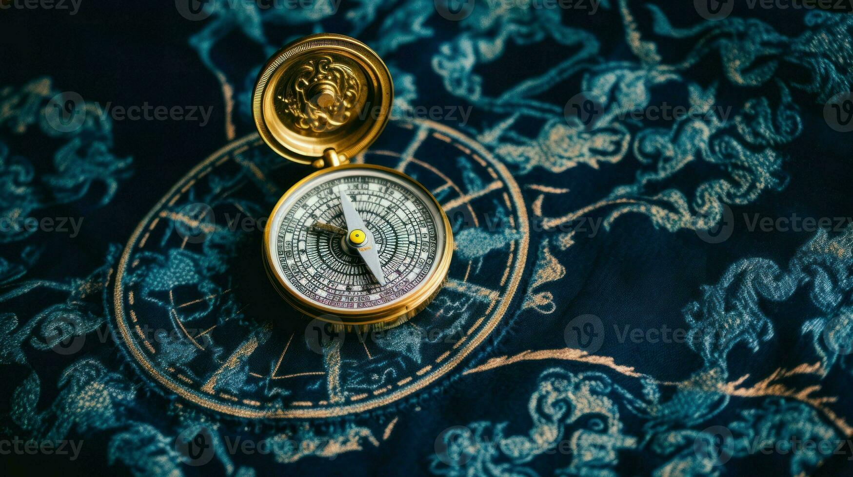 Elegant, detailed compass with intricate designs, placed on a textured blue background.. Generative AI photo