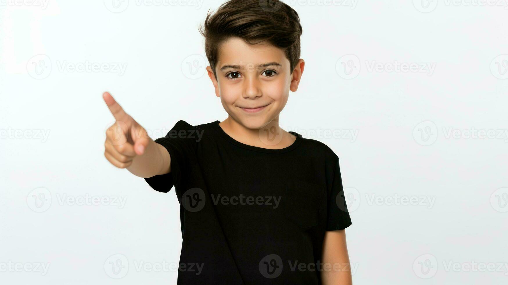 Small boy in a black t-shirt pointing in one direction. Generative AI photo