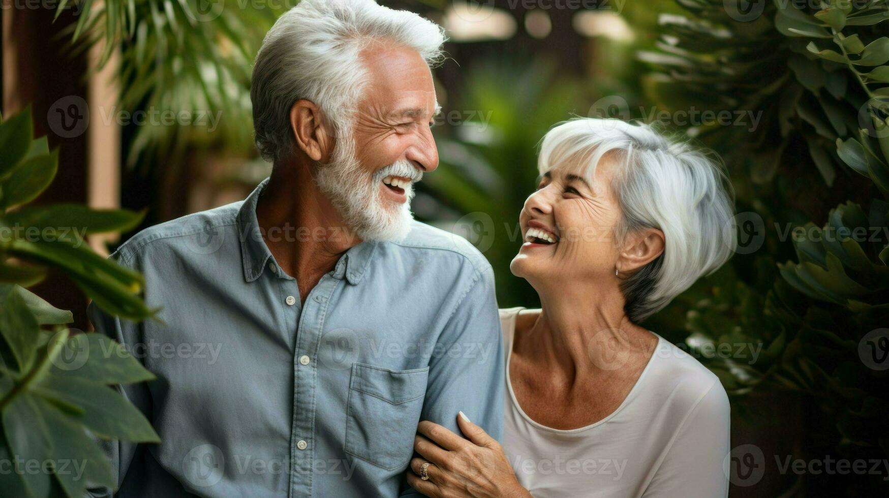 Elderly couple cuddled in nature spending happy and fun time. Generative AI photo