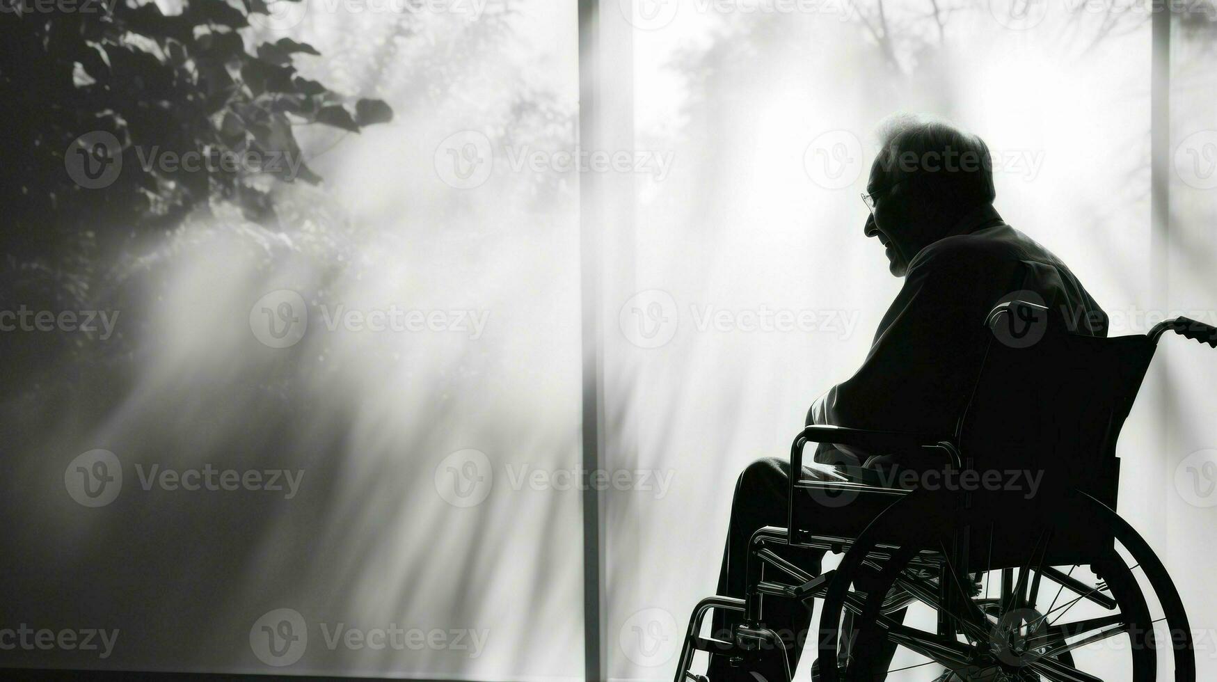 Silhouette of a man sitting in a wheelchair. Generative AI photo