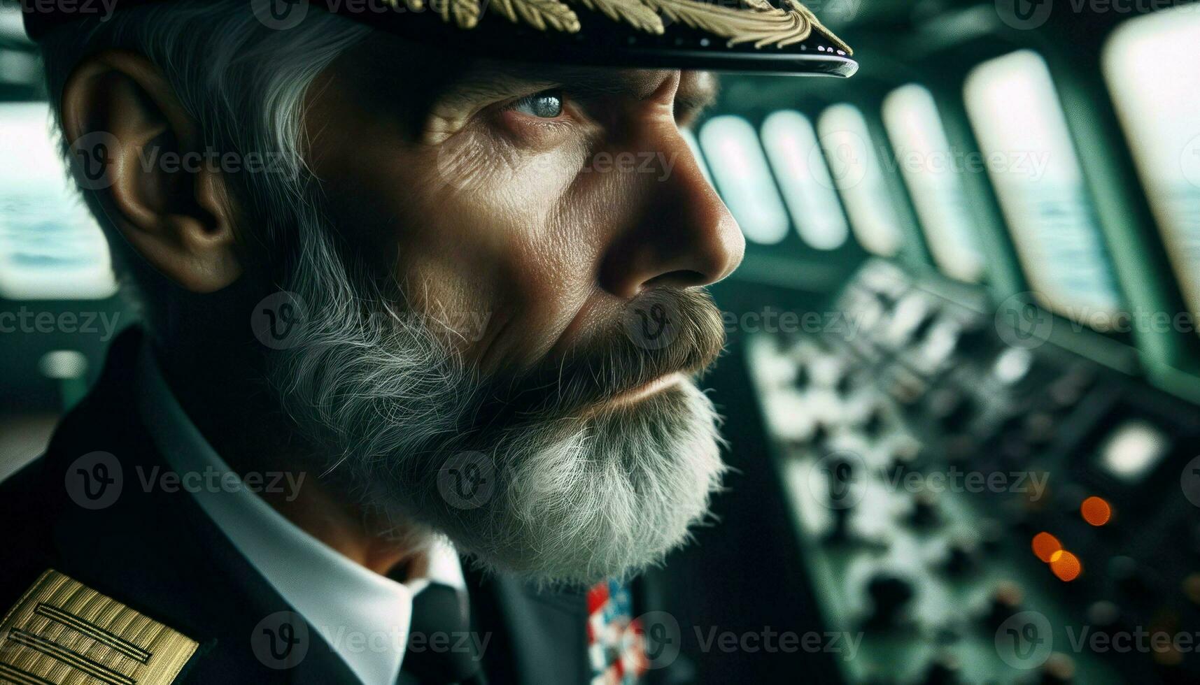 Close-up shot of a ship captain's weathered face, eyes focused on the horizon, as he navigates through challenging waters.. Generative AI photo