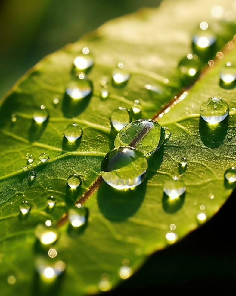 Serene beauty captured in a single leaf, adorned with shimmering water droplets, a testament to the intricate wonders of the natural world.. Generative AI photo