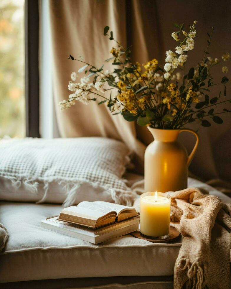 A comfortable bed with a lit candle and a book resting on the windowsill.. Generative AI photo